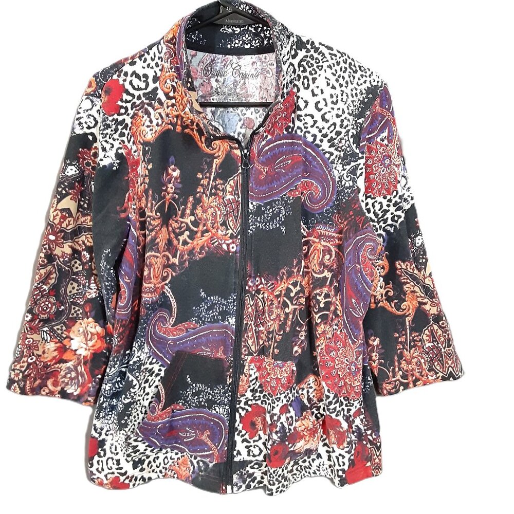 Onque Casuals Woman's Vintage Jacket Size XL, Zip Closure, 3/4 Sleeve Multicolor